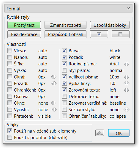 Možnosti formátování vybraných bloků a prvků.