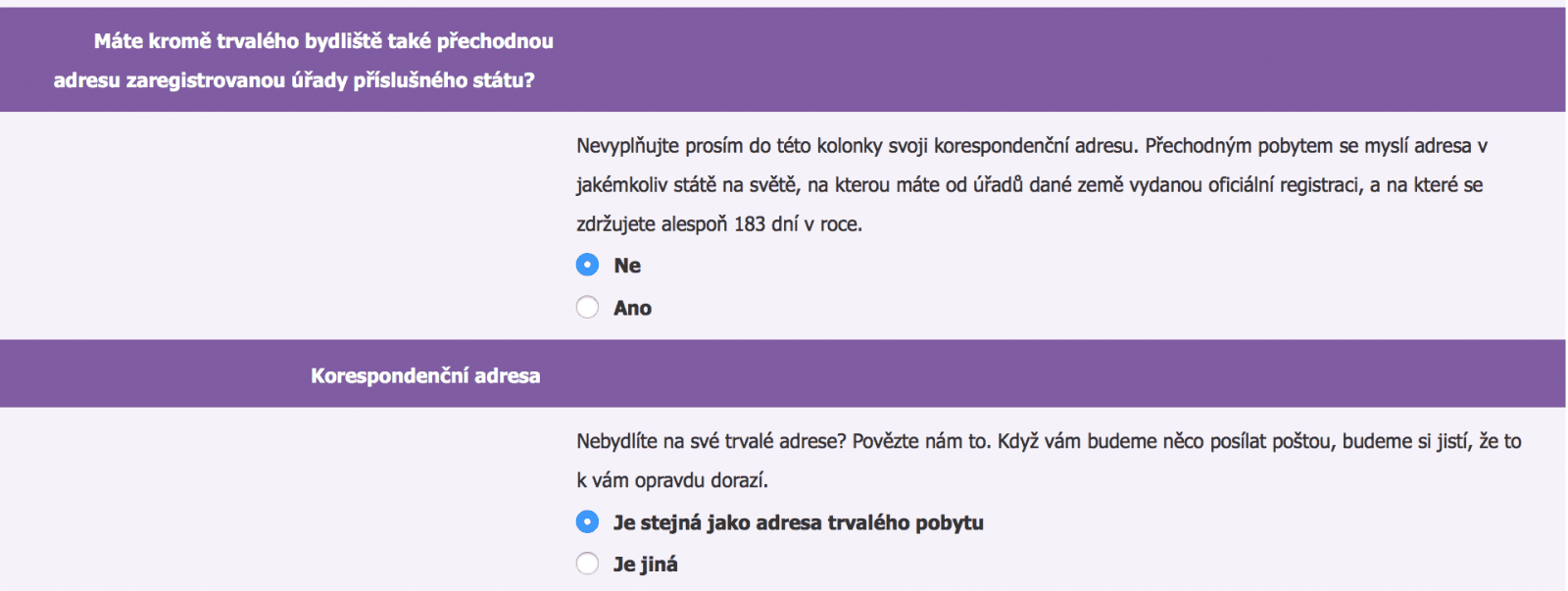 Nastavení adresy k účtu.