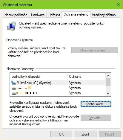 Konfigurace ochrany a obnovení systému