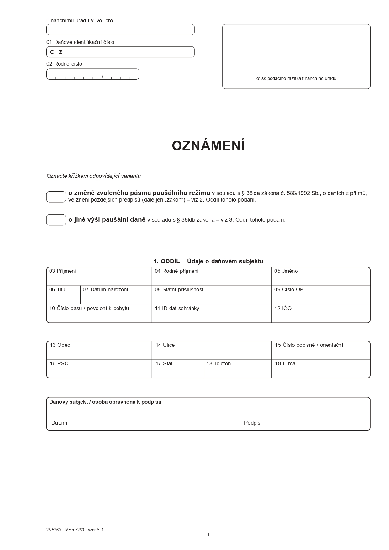 Ukázka formuláře Oznámení o změnách paušální daně