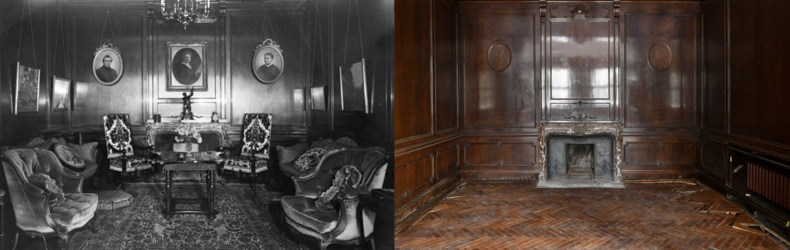 Srovnání interiérů Schichtovy vily v Ústí nad Labem, barevný snímek je z roku 2021