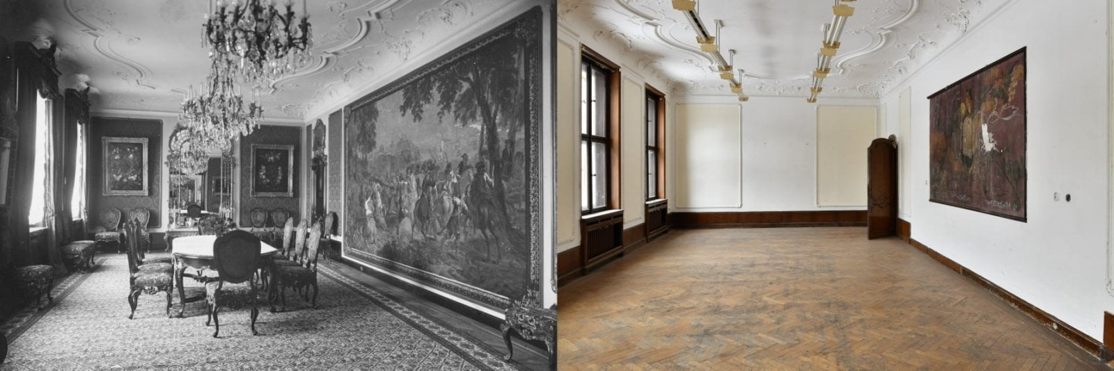 Srovnání interiérů Schichtovy vily v Ústí nad Labem, barevný snímek je z roku 2021