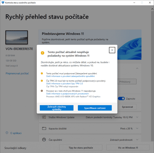 PC Health Check App na hardwaru nepodporujícím Windows 11