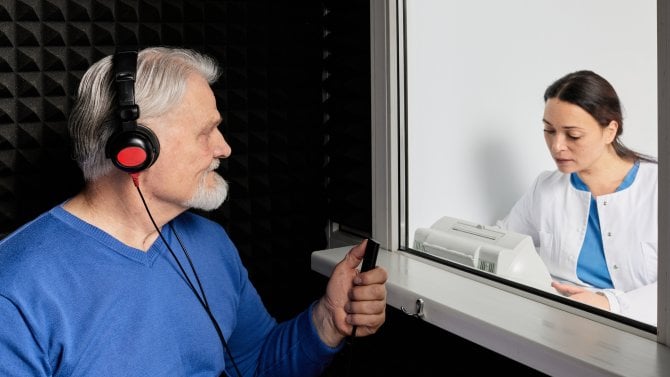 Muž podstupuje audiometrii ve speciální odhlučněné kabině