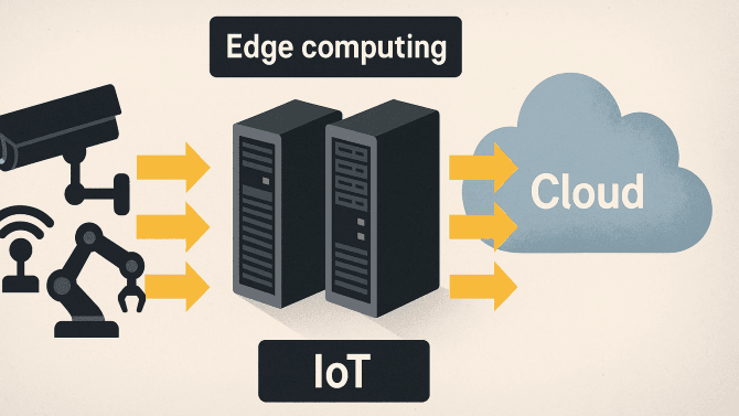 Ilustrace architektury edge computingu znázorňuje tok dat z IoT zařízení (kamera, senzor, robot) přes edge servery do cloudu. Schéma ukazuje rozdělení na tři vrstvy: IoT, edge computing a cloud, propojené žlutými šipkami.