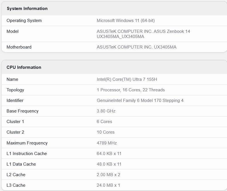 Intel Core Ultra 7 155H v notebooku Asus Zenbook 14 UX3405MA