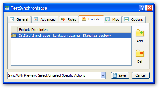 Záložka Exclude.