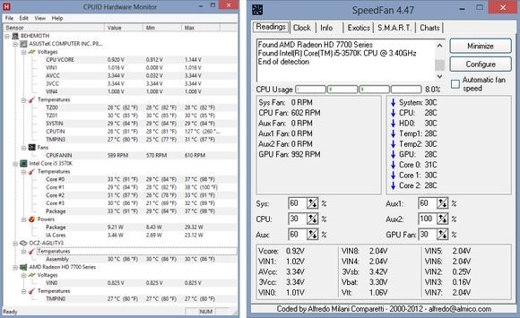 Na tomto obrázku vidíte vedle sebe okna programů HWMonitor a SpeedFan