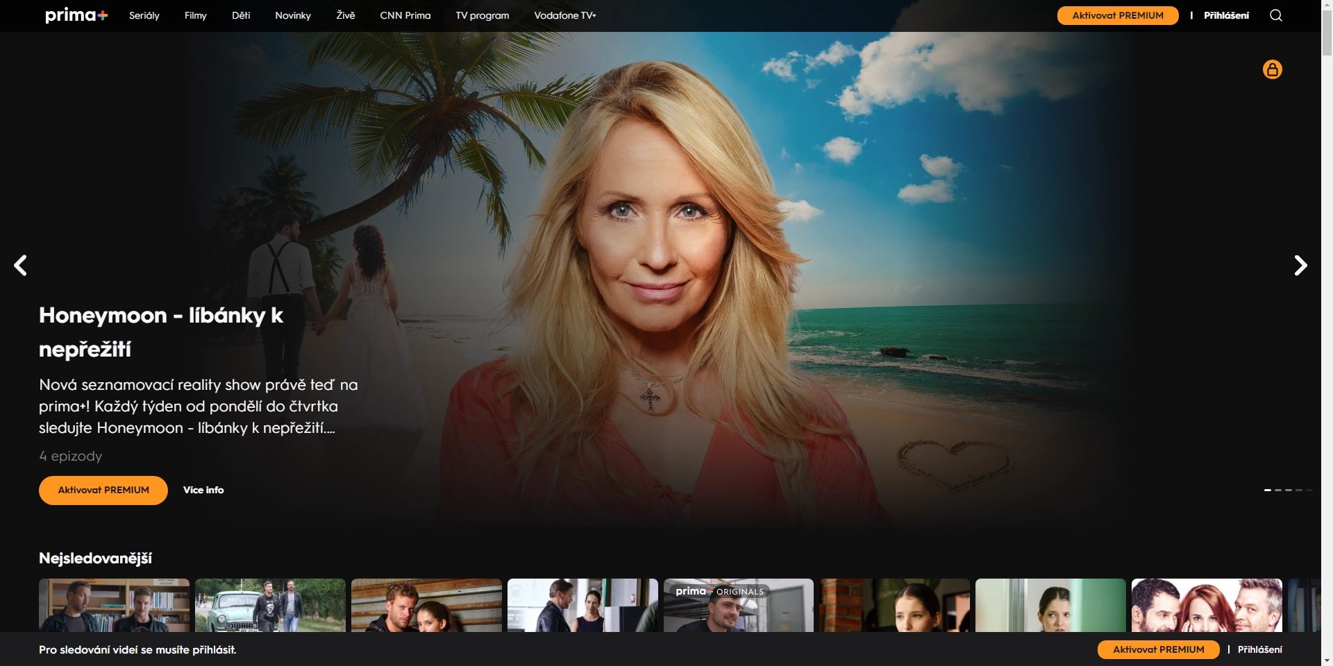 Úvodní obrazovka služby Prima+