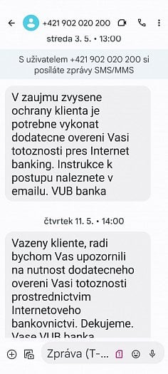 Výzva VÚB k dodatečnému ověření identity zaslaná jako SMS během května 2023.