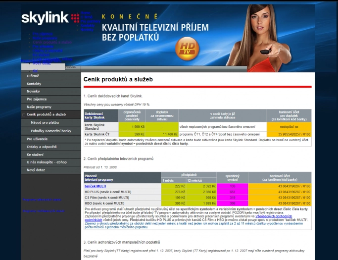 Ceník Skylink – prosinec 2008