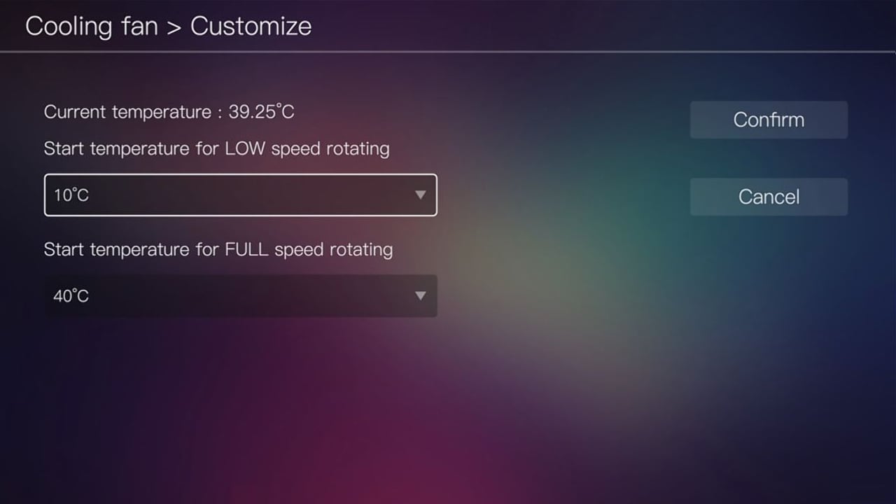 Egreat A10 - smart nastavení chlazení a volba pozadí