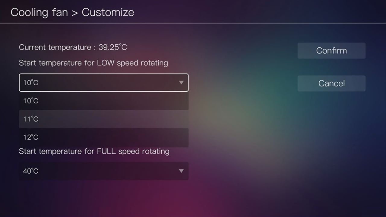 Egreat A10 - smart nastavení chlazení a volba pozadí
