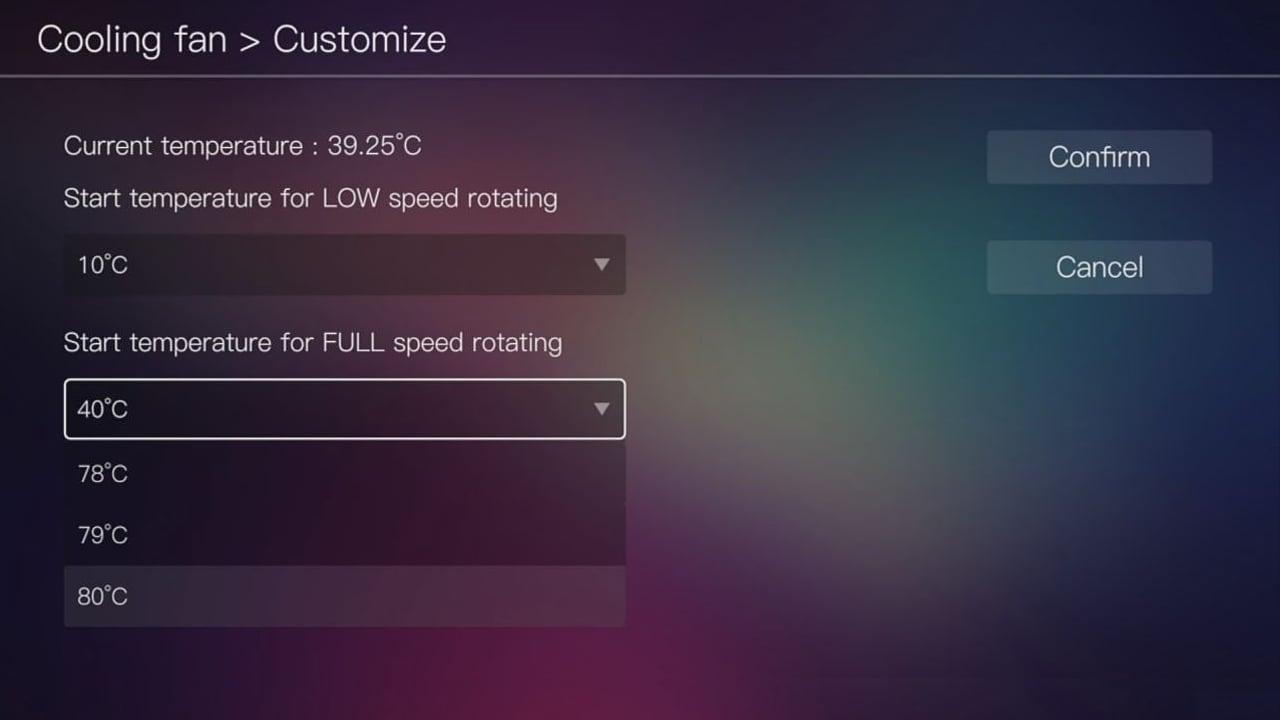 Egreat A10 - smart nastavení chlazení a volba pozadí