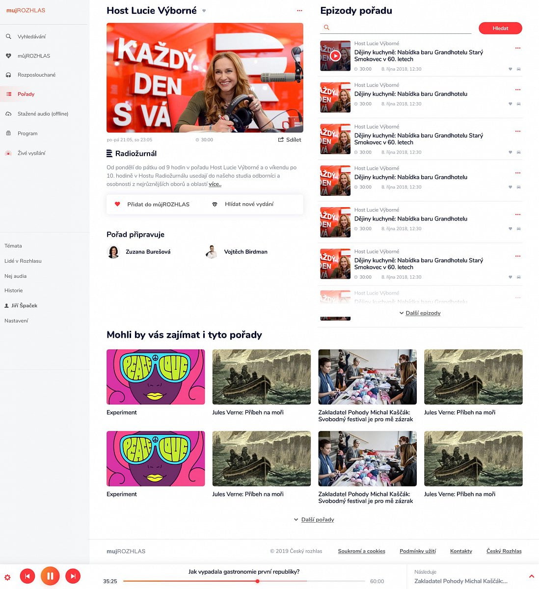 Průběžný grafický návrh desktopové podoby portálu Můj rozhlas. Barevnost a další prvky designu mohou ještě podléhat změnám.