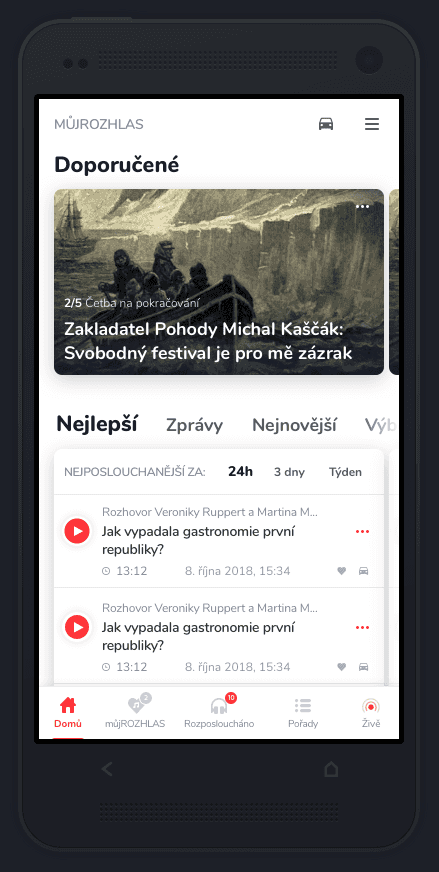 Průběžný grafický návrh mobilní podoby portálu Můj rozhlas. Barevnost a další prvky designu mohou ještě podléhat změnám.