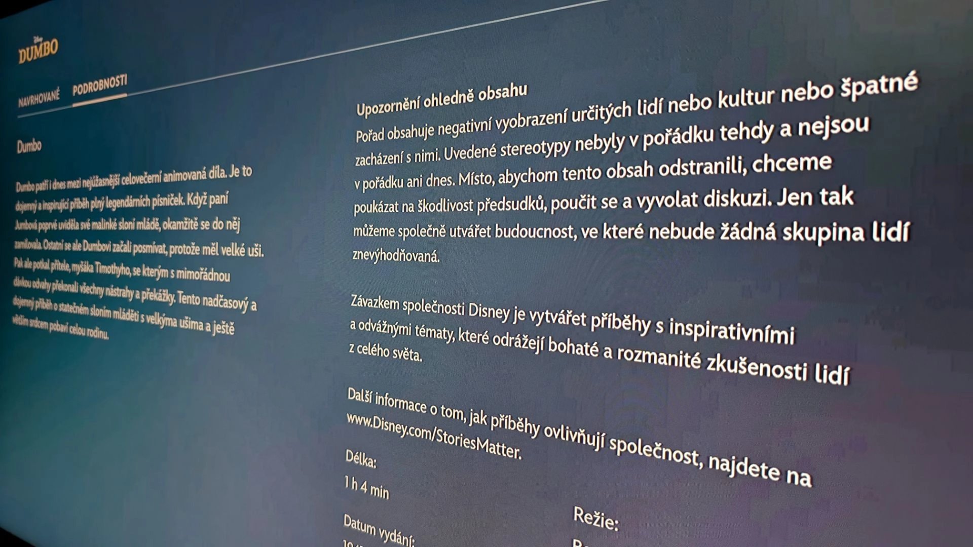Upozornění před filmem Dumbo na Disney+