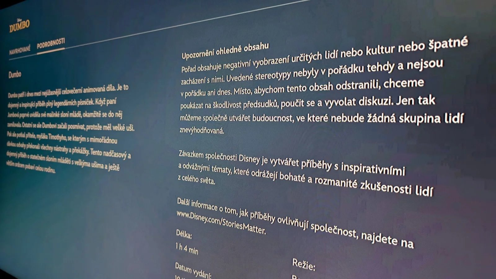 Upozornění před filmem Dumbo na Disney+