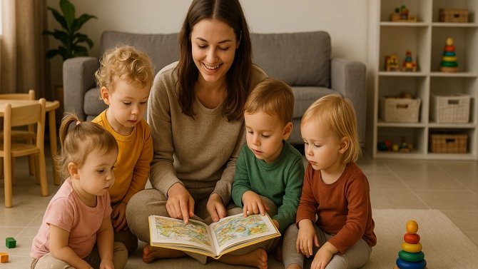 Pečující v sousedské dětské skupině si s dětmi prohlíží obrázkovou knížku.