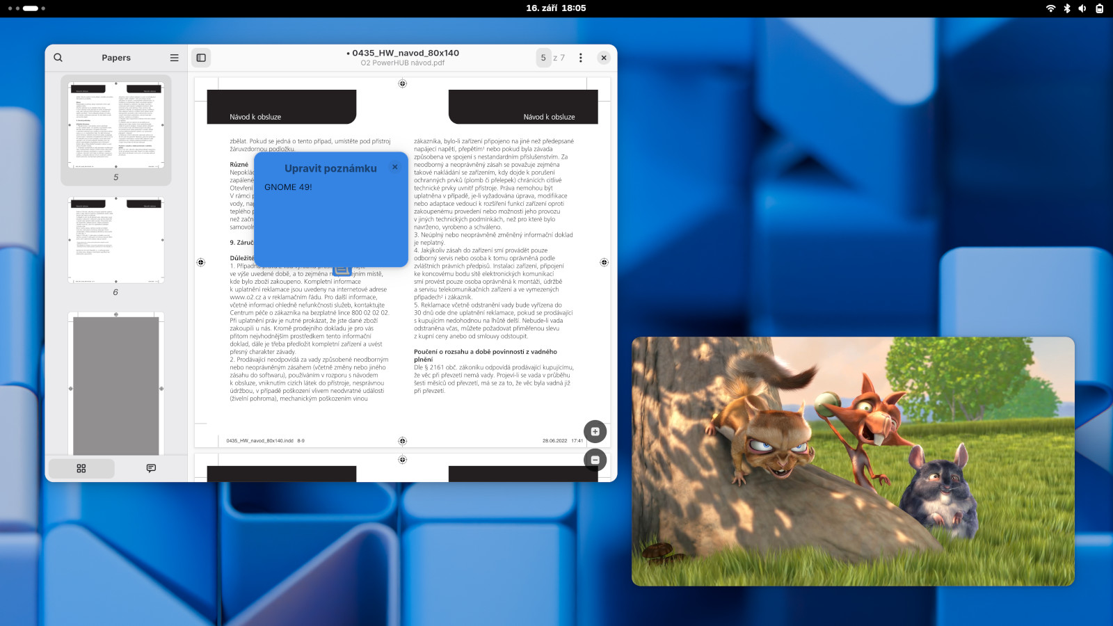 Plocha desktopového prostředí GNOME 49