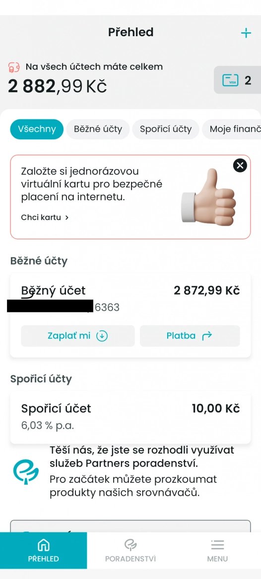 Hlavní stránka po spuštění aplikace ukáže souhrnný přehled vašich financí. (14. 3. 2024)