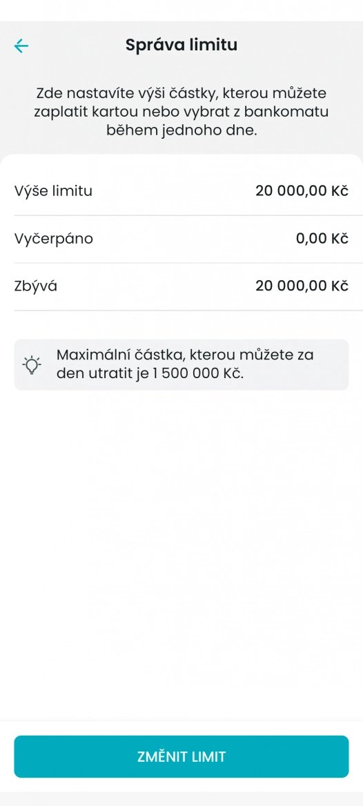 Standardní limit k převodům je nastaven na 20 000 Kč. Můžete si ale zapnout limit bez omezení. (14. 3. 2024)