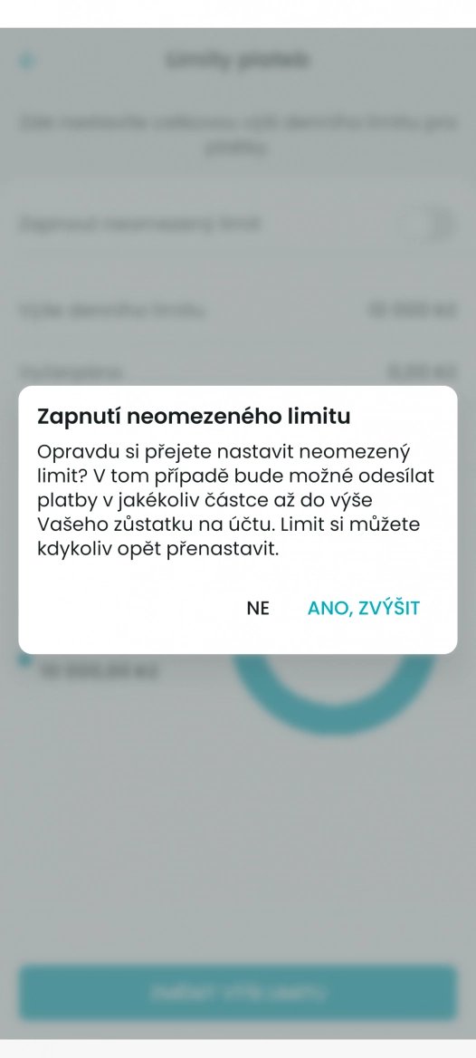 Standardní limit k převodům je nastaven na 20 000 Kč. Můžete si ale zapnout limit bez omezení. (14. 3. 2024)