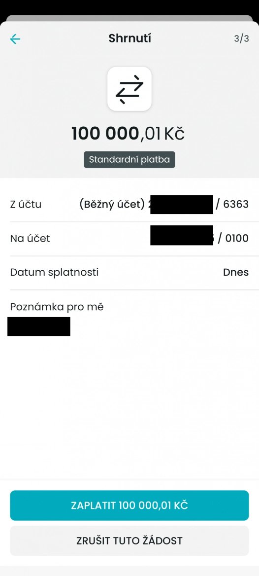 Platby nad od 100 000,01 Kč včetně se odesílají jako standardní platba. Platba odeslaná v dopoledních hodinách se však do Raiffeisenbank připsala za necelé 4 hodiny, tedy ještě daný den. (14. 3. 2024)