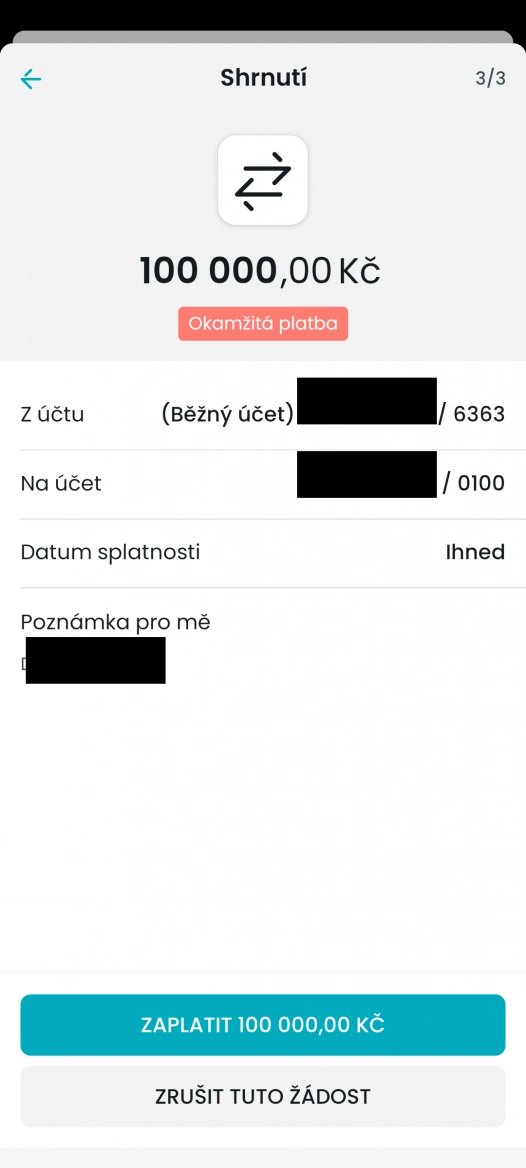 Okamžitou platbu lze zaslat jen do výše 100 000 Kč včetně. (14. 3. 2024)