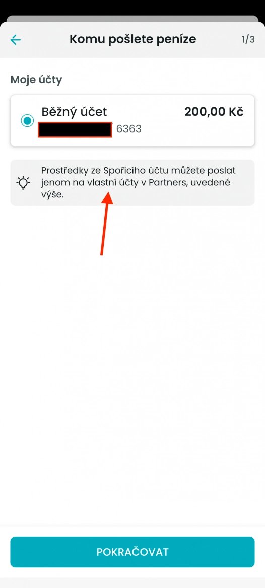 Na spořicí účet lze posílat peníze jen v rámci Partners Banky. Přestože má své číslo účtu i kód 6363, jde jen o interní účet. (14. 3. 2024)