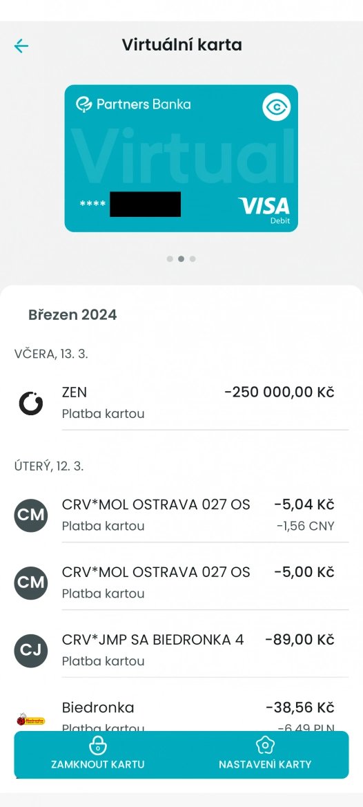 Historie transakcí debetní kartou. (14. 3. 2024)