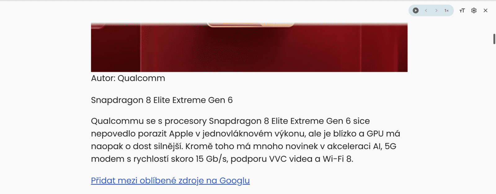 Režim čtení v Chromu s českým textem článku Cnews o Snapdragonu a ovládáním předčítání, písma a nastavení vpravo nahoře.