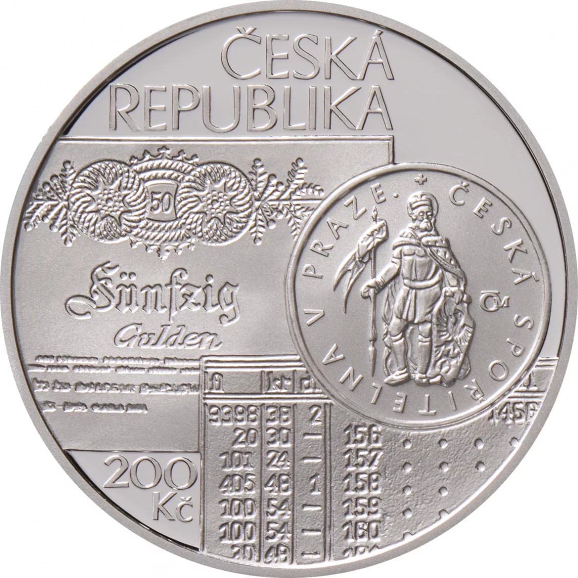 Lícní strana stříbrné pamětní mince v nominální hodnotě 200 Kč k výročí založení Böhmische Sparkasse.