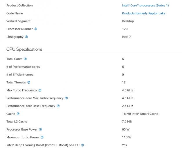 Specifikace pro Intel Core 5 Processor 120