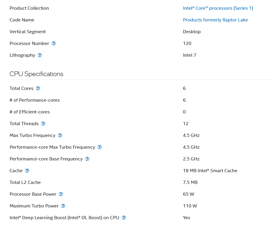 Specifikace pro Intel Core 5 Processor 120