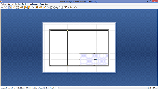 Krok 4: pomocí grafických voleb pod menu, jsem si vytvořil zeď oddělující hlavní místnost od předsíně (mohl jsem to udělat i v prvním kroku) a zamaloval schodišťový otvor pro vstup do patra a režim editace zdí uložením práce ukončil.