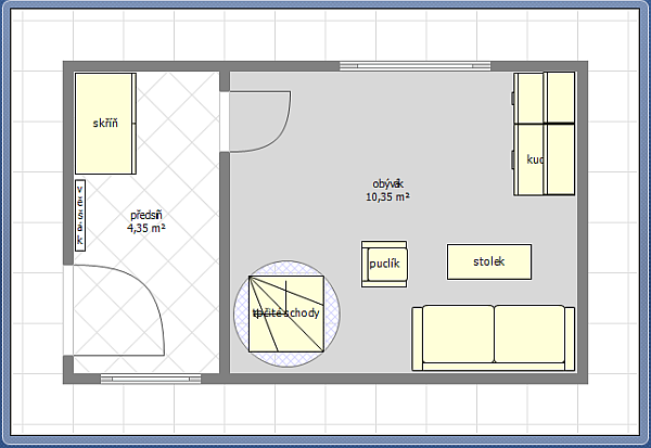 Krok 6: místnosti jsem pojmenoval, nechal spočítat jejich plochu a vybral podlahovou krytinu (do předsíně dlažbu, do obýváku koberec včetně barvy). Zjistil jsem také, že klasické schody jsou příliš rozměrné vzhledem k velikosti místnosti a proto jsem opět vstoupil do editoru zdí a změnil schodišťový otvor na kruhový. Následně jsem v menu Objekty, Přidat objekt, našel Schody a zvolil točité a také přidal zařizovací předměty do předsíně i obýváku, včetně jednoduché kuchyně.