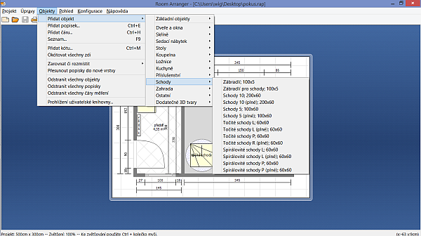 Krok 7: Návrh jsem nechal okótovat a na ukázku „rozjel“ menu Objekty s volbou druhu schodiště.