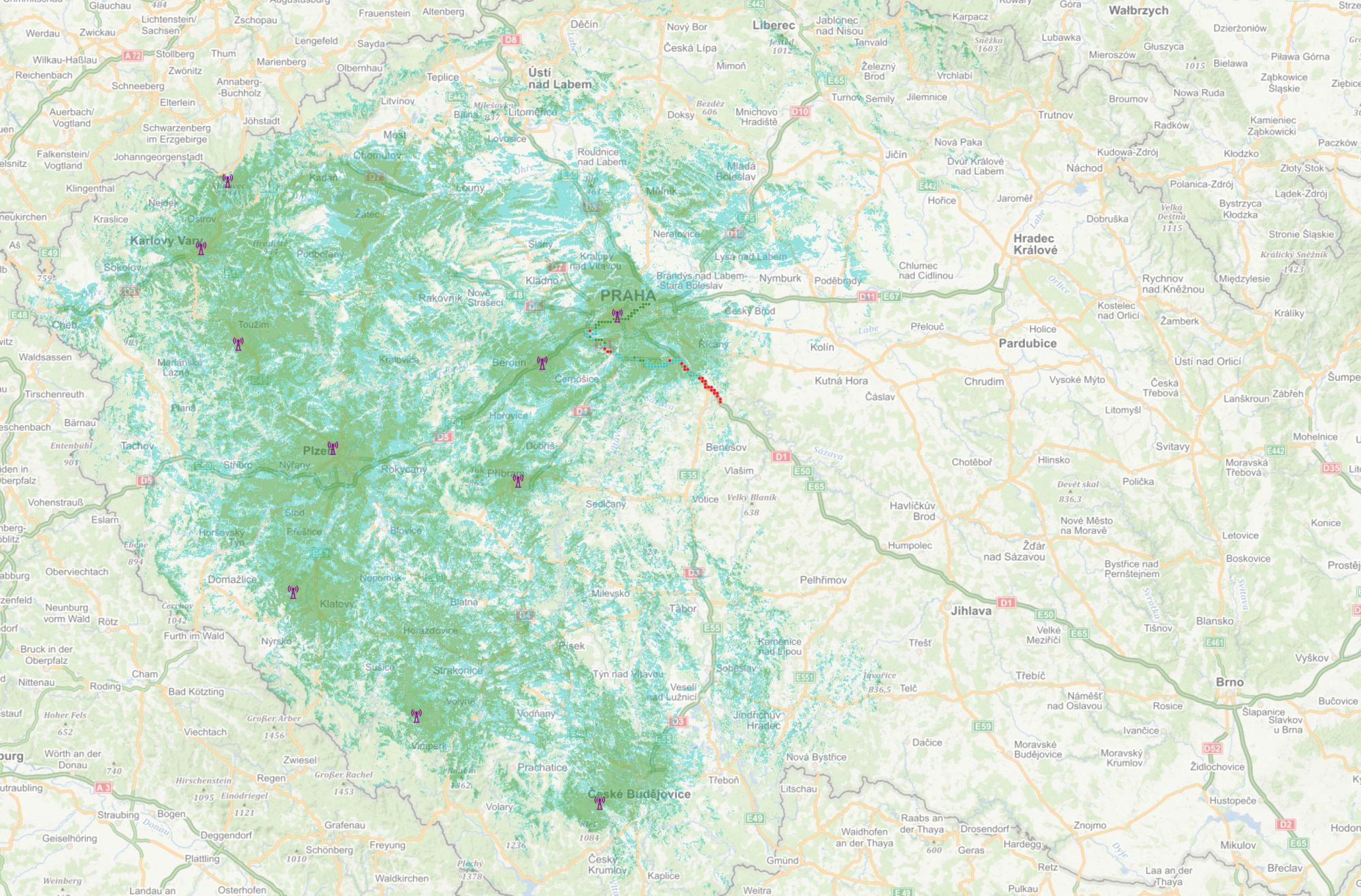 Pokrytí DAB+ multiplexu RTI CZ