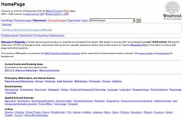 Wikipedie v roce 2001. Jednoduchý a čistý design si encyklopedie zachovává dodnes