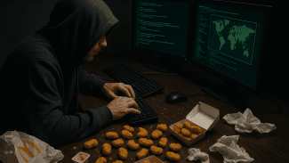 Hacker sedící u počítače, který má kolem sebe velké množství kuřecích kousků z fast foodu