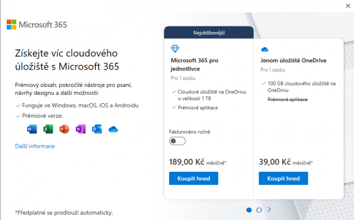 Možnosti předplatného OneDrive