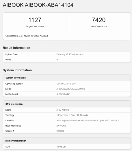 MTT AIBook s procesorem Moore Threads Yangtze M1000 v Geekbench