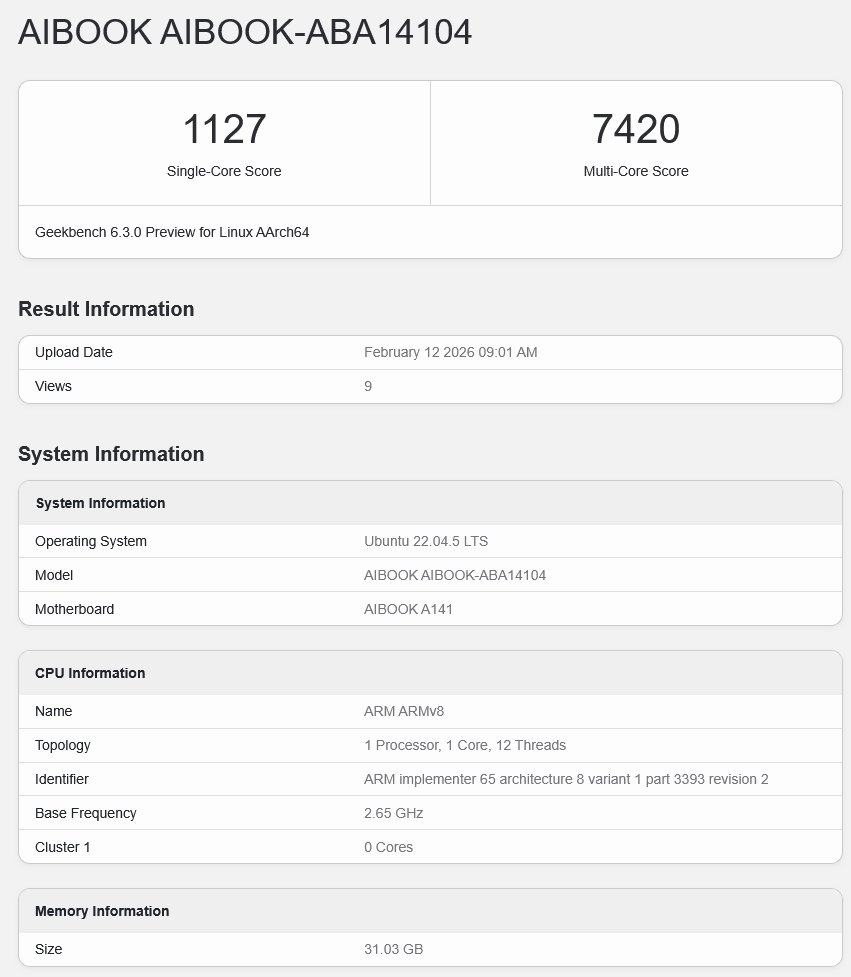 MTT AIBook s procesorem Moore Threads Yangtze M1000 v Geekbench