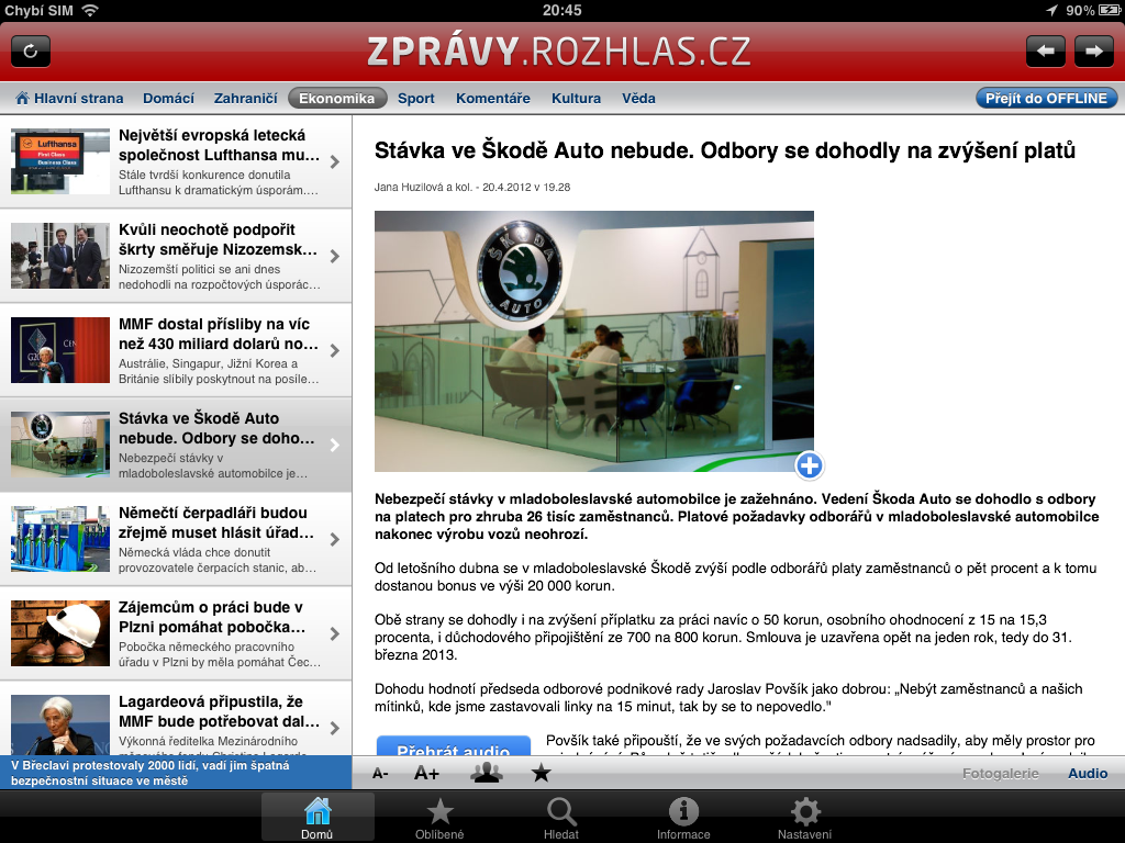 Zprávy Českého rozhlasu obsahují i integrovaný přehrávač pro poslech zvukových záznamů