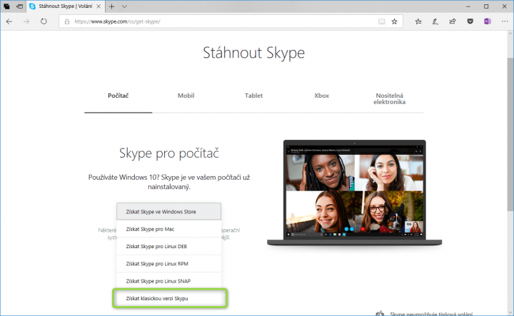 Skype 7 stáhnete klepnutím na Získat klasickou verzi Skypu