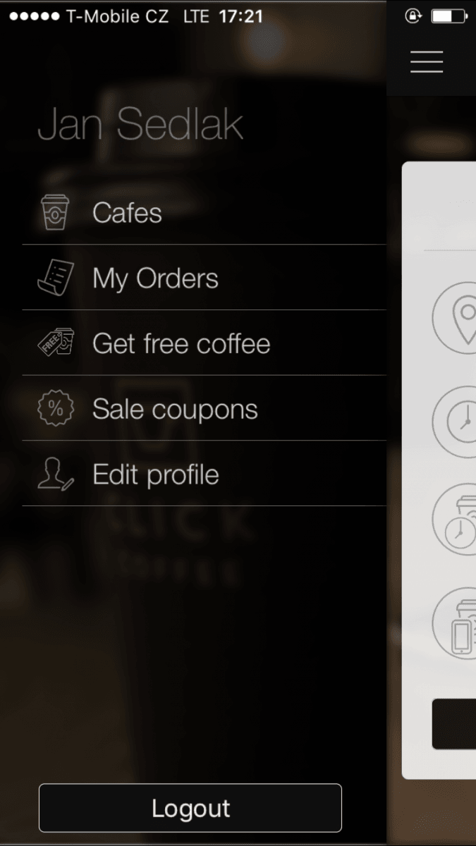 Funkce aplikace Click Coffee.