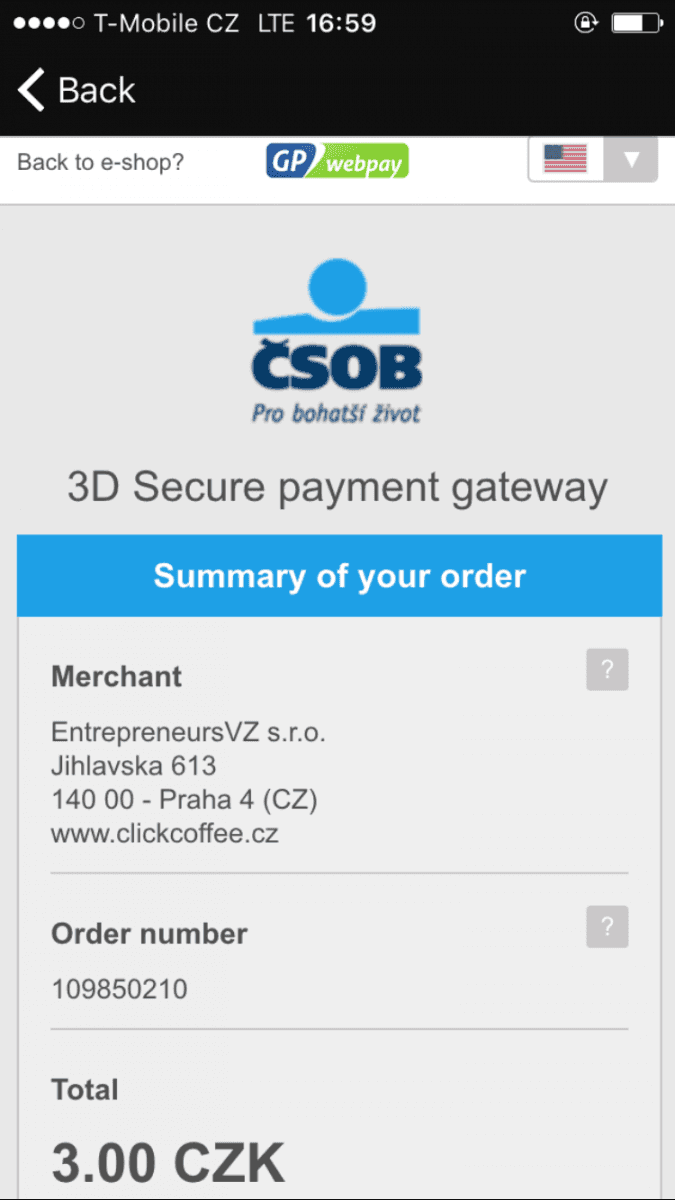 Ověření platební karty, v aplikaci se načítá tradiční web.