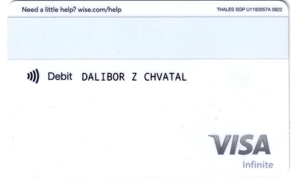 Debetní karta Visa Platinum od platební instituce Wise neobsahuje žádná citivá data. Číslo karty, platnost a CVV kód najdete jen v mobilní aplikaci, nebo v internetovém bankovnictví. (02/2024)