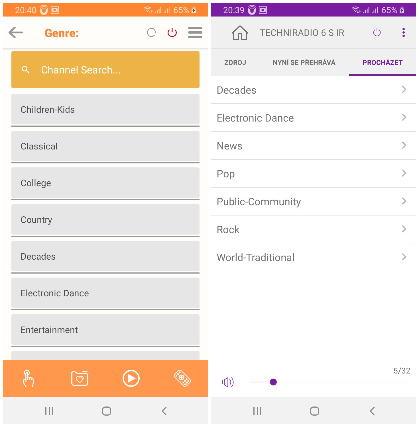 Menu pro místní stanice z České republiky (vlevo aplikace Soundmate, vpravo aplikace Undok)
